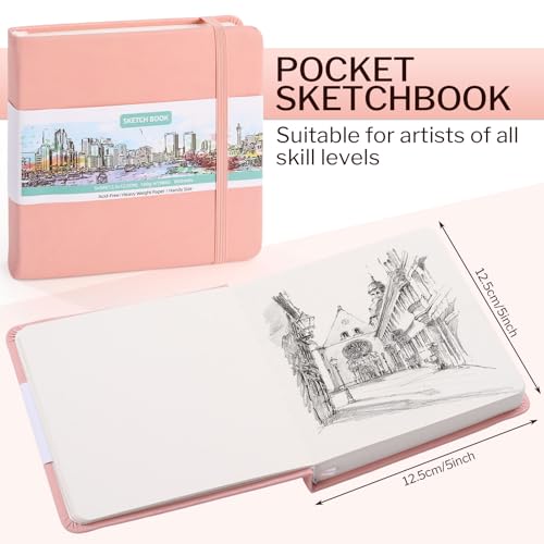 5" × 5" Pocket Sketchbook, 80 Sheets, 160gsm Small Sketch Book, Pink | Acid-Free Heavy Paper, Elastic Closure, Ribbon Bookmark, Travel Size, for Pencil Ink Marker & Crayon - color: Pink