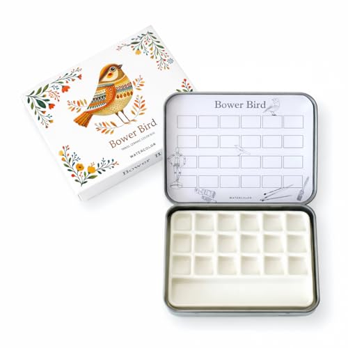 Bower Bird Travel Ceramic Watercolor Palette with Porcelain Mixing Tray, Metal Tin Box, White, 5.3x3.5x0.55 Inches, Portable Art Kit (18Well)
