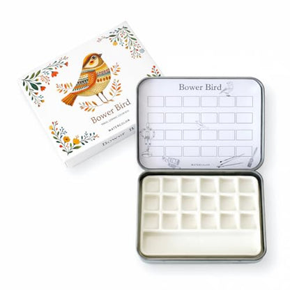 Bower Bird Travel Ceramic Watercolor Palette with Porcelain Mixing Tray, Metal Tin Box, White, 5.3x3.5x0.55 Inches, Portable Art Kit (18Well)
