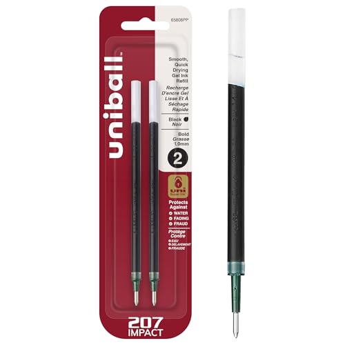 uniball™ 207 Impact Gel Pen Refills, Bold Point (1.0mm), Black, 2 Pack | Bold gel ink lay-down for pronounced lettering, fraud-resistant uni Super Ink, water & fade-resistant, comfort grip - color: Black, size: 2 Count (Pack of 1), style: Impact