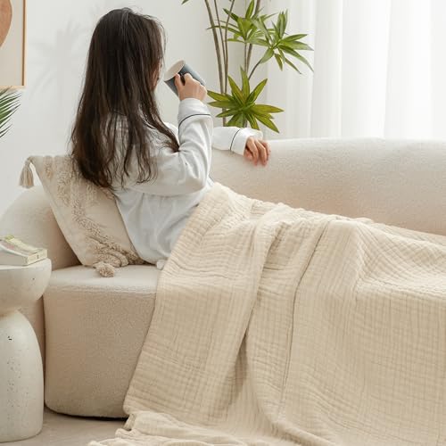 Love's cabin 100% Cotton Muslin Blanket, 6 Layer Lightweight Breathable Gauze Queen Size Blanket 90 x 90 Inches, Soft All Season Blanket for Bed, Beige - color: Beige, size: Queen(90"x90")