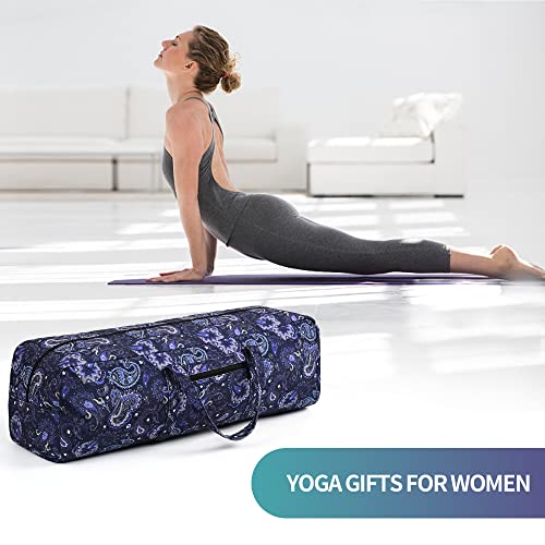 Boulder Bee | Yoga Mat Bag | Large Yoga Mat Carrier with Wet Pocket | Yoga Gifts | Gym Tote Bag for Women - color: Blue cashew flower