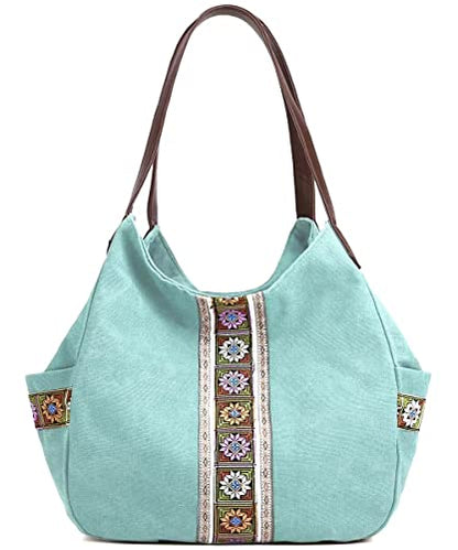 Worldlyda Women Canvas Hobo Purse Multi Pocket Tote Shopper Shoulder Bag Casual Top Handle handbag with Embroidery Ethnic - color: Mint Green