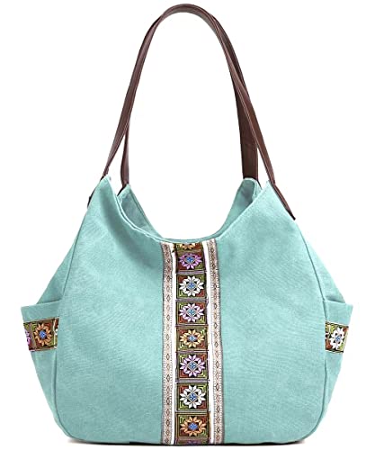 Worldlyda Women Canvas Hobo Purse Multi Pocket Tote Shopper Shoulder Bag Casual Top Handle handbag with Embroidery Ethnic - color: Mint Green
