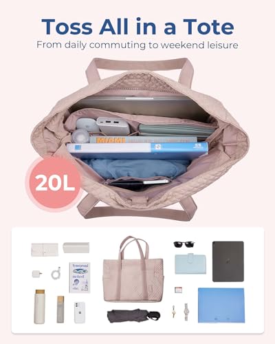 BAGSMART Crush Tote Bag for Women, 20L Puffer Work Tote with Zipper, Travel Essentials Quilted Nurse Hospital Bag - color: Pink