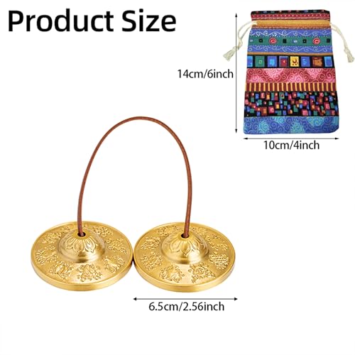 Tibetan Meditation Bell, Brass Tingsha Cymbals with Cloth Bag - size: Eight Symbols