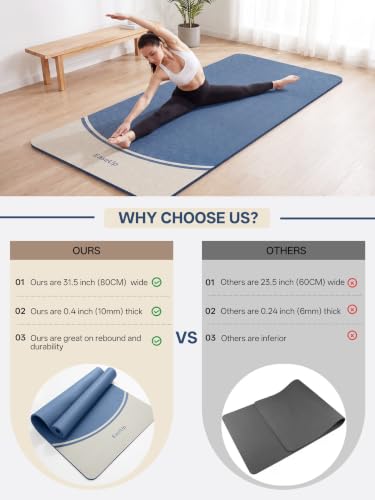 EaseUp 10mm Thick Yoga Mat, 73"×31.5" Extra Wide, Non-Slip with Strap - color: Blue