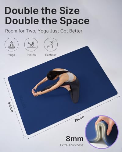YOTTOY Large Yoga Mat (75 * 52 * 1/2inch),Extra Wide TPE Exercise Mat,Non-Slip Workout Mat for Pilates, Fitness, Barefoot, Home Gym Studio with Strap and Towel - color: Blue, size: 75*52*1/3inch