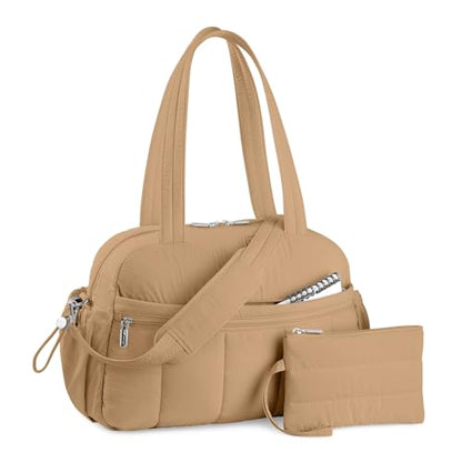 TOPDesign Travel Duffel Bag for Women, Puffer Gym Bag Sports Tote with Wet Pocket, Carry On Weekender with Luggage Sleeve (Khaki) - color: Khaki