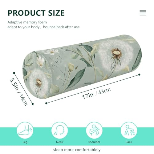 Sage Green Dandelion Neck Roll Pillow Bolster Round Health Memory Foam Long Cervical Cylinder Pillows with Removable Washable Cover for Body Bed Legs Back Yoga - color: Sage Green Dandelion