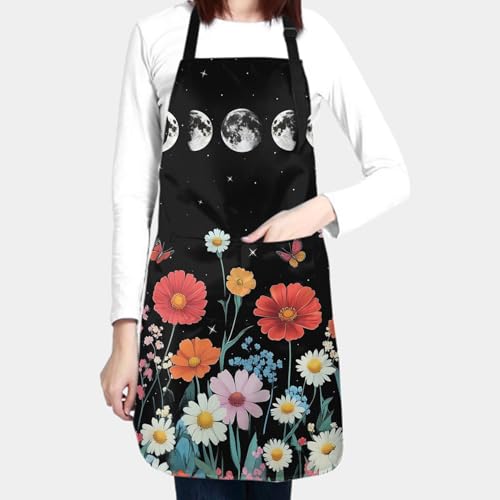 Giwawa Unisex Adult Apron Waterproof Stain Resistant Kitchen Cooking Apron with 2 Pockets for BBQ Grill Painting - color: Flower