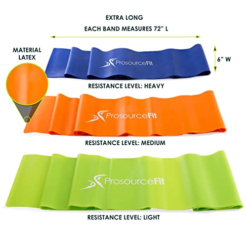 ProsourceFit Therapy Flat Resistance Bands Set of 3 (6’ each-Extra Long) for Stretching, Pilates and Rehabilitation with Door Anchor