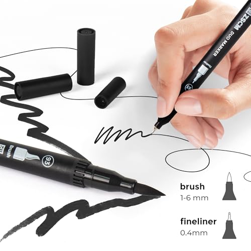 Black Duo Tip Marker Pens, 12 Fine & Brush Tip Pen For Adult Coloring Books | No Bleeding Jet Black Markers, Drawing Pen for Outlining, Sketching, Japanese Manga, Calligraphy and Graphic Novels - color: 12 Black