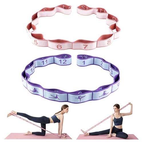 2PCS Elastic Yoga Stretching Strap with 12 Loops Stretch Resistance Exercise Bands for Yoga,Pilates,Dance,Rhythmic Gymnastics,Physical Therapy,Ballet Couple Style
