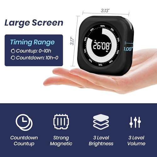 PERSUPER Visual Timer for Kids, Rechargeable 10-Hour Count Up/Down Timer | with 3 Brightness Display, 3 Volume Levels and Magnetic, Homeschool Study Tool, Large Digital Timers for Kitchen, Classroom - color: Black-1