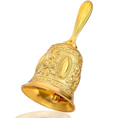 Golden Vintage Hand Bell, 4.5” x 2.1” Loud Call Service Handbell, Antique Hand Bell for Bedside Dinner Wedding Classroom Meditation - color: Gold