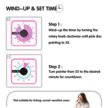 TWENTY5 SEVEN Countdown Timer 7.5 inch; 60 Minute 1 Hour Visual Timer – Classroom Teaching Tool Office Meeting, Mechanical Countdown Clock for Kids Exam Time Management Magnetic, Pink - color: Pink