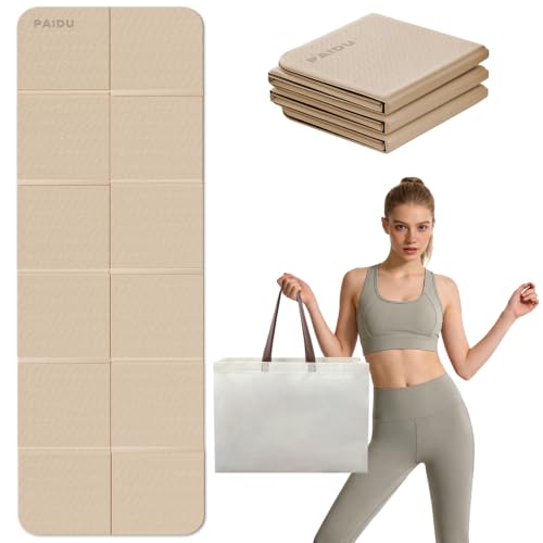 PAIDU Foldable Yoga Mat, 70"x24"x0.31" TPE Non-Slip Mat with Bag - color: Beige+Black