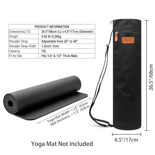 Yoga Mat Bag for Women & Men, Full-Zip Canvas Pilates Bag with Pockets | Lightweight Yoga Mat Carrier with Adjustable Shoulder Strap, Fits 1/4 & 1/3 Inch Thick Mats, for Studio Gym Travel Workout - color: Black-1
