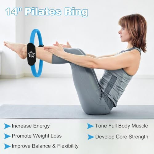 Pilates Ring 14"Pilates Circle with Foam Padded Handles Home Workout | Magic Circle Pilates Ring, Inner Thigh Toning, Core & Full Body Training, Yoga Ring for Women & Men - color: Blue