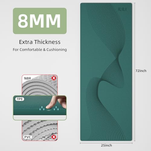 ILILI Exercise Mat 72''x25''×0.3''(8MM) | Compact Eco Friendly TPE Yoga Mat for Pilates & Fitness, Tear Resistant with Carry Strap for Home Gym Studio Stretching - color: peacock green