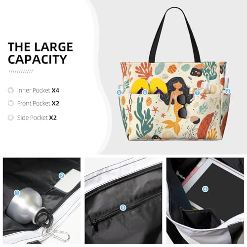 Large Beach Bag for Women Waterproof Foldable Travel Shoulder Tote Bag with Pocket for Weekender Pool Vacation - color: Fish Beige