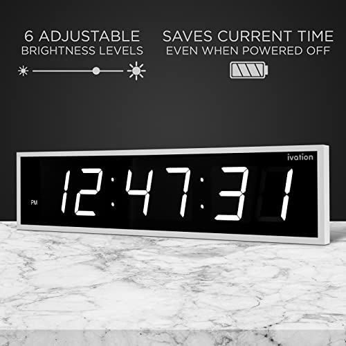 Ivation Oversized Digital Wall Clock with Large LED Display & Timer, 36" | Multi-function with Timer, Stopwatch, Alarms, Temp & Date, Aluminum frame, 6 Brightness levels, Time memory, Remote | White - color: White, size: 36" Inch