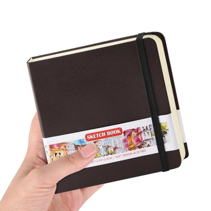 5x5 Pocket Sketch Book,80gsm Hardcover Art Sketchbook for Drawing Journal | PU Cover,Blank Paper,96Sheets/192Pages,Lay-Flat,Portable Travel Creation Paint Diary Memo Planner,Dry Media.Dark Brown - color: PU Cover-5x5in-Dark Brown