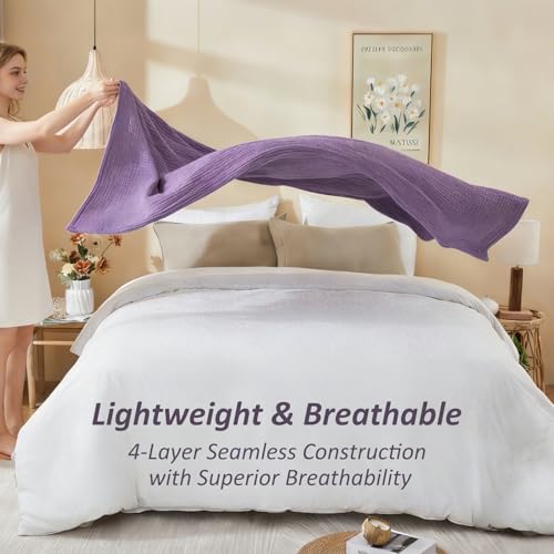 EMME Cotton Muslin Large Throw Blanket Couch Breathable Gauze Soft Lightweight Bed Blankets Adults (Heather Purple, 50"x70") | 4-Ply Two-Tone Yarn - Soft Throw Blanket for Adults, Breathable and Prewashed, for Sofa and Bed All Year Round - color: 14 - Pur