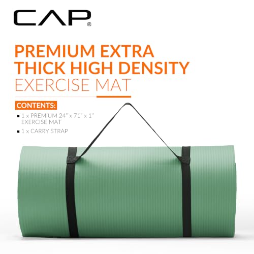CAP 1" Extra Thick Yoga Mat, Exercise Mat with Strap, Multiple Colors - color: Green