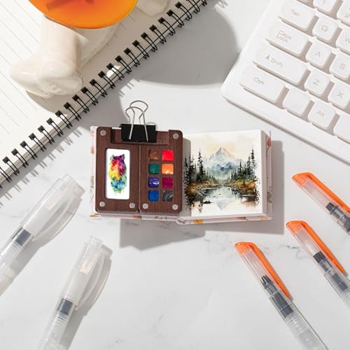 Qilery Mini Portable Watercolor Palette Set Wooden Grid Paint Box Watercolor Paper Sketch Book Brush Pens with Binder Clip for Painters Artist Not Include Paint(Rabbit) - style: Rabbit