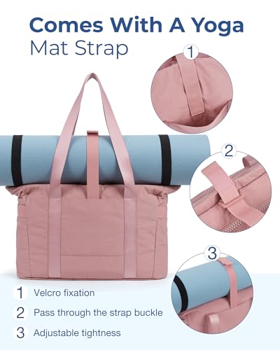 BAGSMART Tote Bag for Women, Lightweight Tote Bag with Yoga Mat Strap, Quilted Shoulder Bag Handbag for Daily, Work, Gym - color: Dark Pink