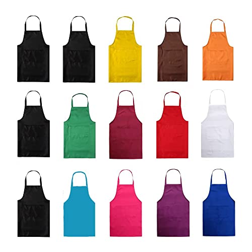 Total 15 PCS Mixed Plain Color Bib Aprons Bulk for Women Men Adult with 2 Front Pockets Chef Cooking Painting Baking(12colours,15pcs) - color: 12 Mixed Colours- 15 Pcs Total