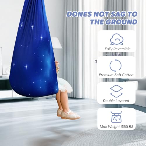 Aokitec Sensory Swing Kids & Adults, Double-Layer Indoor Outdoor Hammock | Therapy swing, Special Needs, Autism, Adjustable, Double-layer Polyester Holds 300LB, Swivel Hanger, All Hardware Included - color: Star Blue