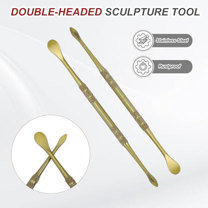 HARFINGTON 7pcs Wax Carving Tool 4.75" Double-Headed Stainless Steel Sculpture Tools Kit Modeling Engraving Sculpting Spoons for Clay Pottery Crafts Shaping, Green Gold - color: Green Gold