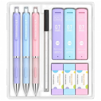 Four Candies 0.7mm Pastel Mechanical Pencil Set with Case, 3-Pack | 360 Leads, 3 Erasers+9 Refills, Cute Pink/Purple/Blue Barrels, Non-Slip Grip, for School Notes & Everyday Writing - style: 0.7mm