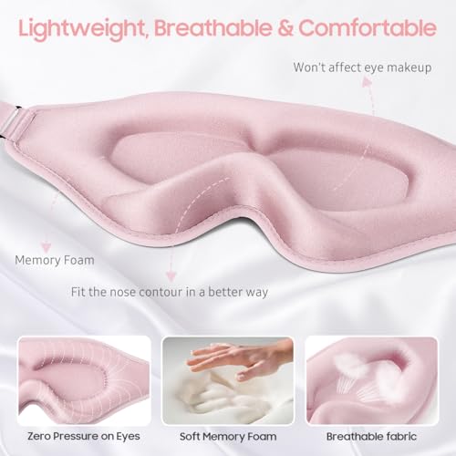 BeHoomi Sleep Mask, Premium Eye Mask for Sleeping, Total Blackout, Super Soft Comfort, Adjustable Fit, Upgraded 3D Ergonomic Designed Sleeping Mask for Home, Office, Travel, Meditation, Yoga, Pink - color: Pink