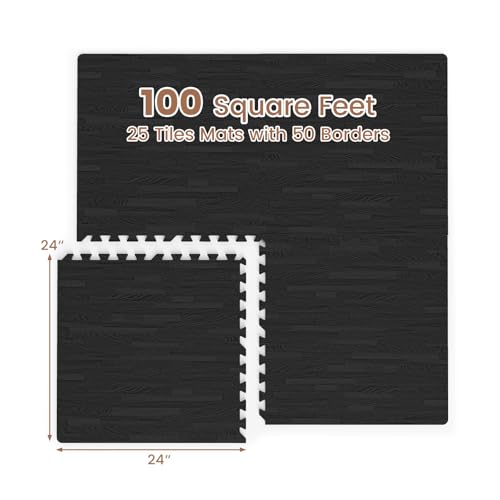 Tangkula 25 Tiles Foam Flooring Mats with Border, 100 SQ FT EVA Interlocking Exercise Foam Mats for Exercise Equipment, Elastic Puzzle Play Mats, 3/8” Non-Slip Workout Floor Mats for Home Gym (Black) - size: 100 sq.ft, Black