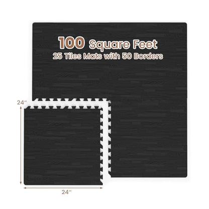 Tangkula 25 Tiles Foam Flooring Mats with Border, 100 SQ FT EVA Interlocking Exercise Foam Mats for Exercise Equipment, Elastic Puzzle Play Mats, 3/8” Non-Slip Workout Floor Mats for Home Gym (Black) - size: 100 sq.ft, Black