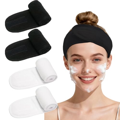 4 Pack Adjustable Makeup Headbands – Non-Slip Spa Facial Headband & Facial Hair Wrap, Adjustable Washable Towel for Shower, Yoga, Gym, Salon & Home Use (Fits All), HZFD-BC - color: White + Black