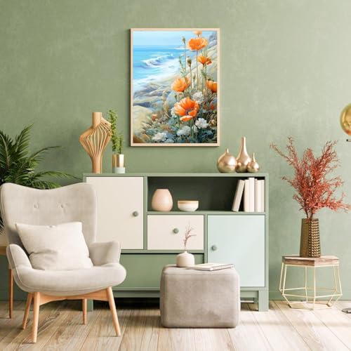 Paint by Numbers for Adults Beginner Flowers,Paint Number Kits Poppies and Daisies Adult,Paint by Number Sea View Adult Paint by Number Kits DIY Oil Painting Kits Gift, 12 x16 Inch（Include Framed） - color: DKH002