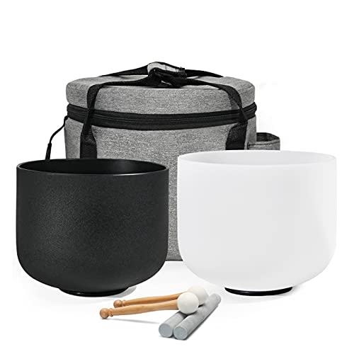 Couple of 2 PCS Yin and Yang Crystal Singing Bowl Set 8 Inch Black and 10 Inch White Mutual Attraction Bowls - size: 8"A 10"F