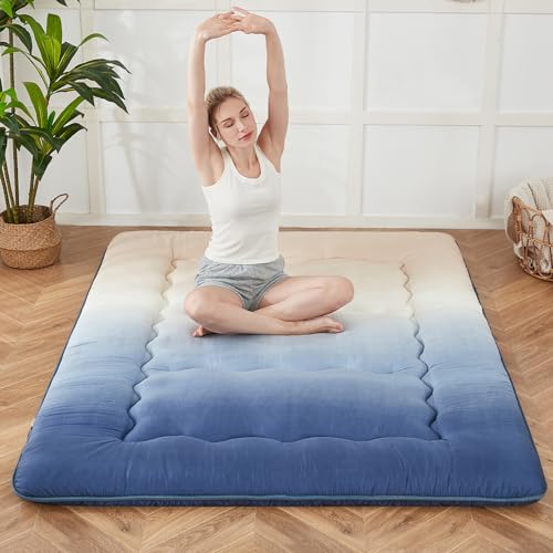 Zelladorra Japanese Floor Mattress, Futon Mattress | Roll Up Tatami Mat with Portable Storage Bag and Washable Cover, Suitable for Camping, Guest Room, Coastal Gradient - color: Coastal Gradient ( 4"th + Dust Cover ）, size: Twin (80"L x 39"W)