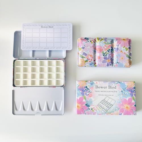 Bower Bird Travel Watercolor Palette,Portable Ceramic Palette,Empty Paint Palette,Small Travel Metal Paint Boxwith Porcelain Palette (24Well) - size: 24Well