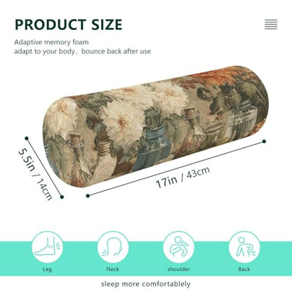 Bolster Pillow Neck Pillow Round Soft Health Memory Foam Pillows Long Cylindrical Body Pillow with Removable Cover Cute Back Yoga Autumn Harvest Flowers Beige 17" x 5.5" - color: Autumn Harvest Flowers Beige