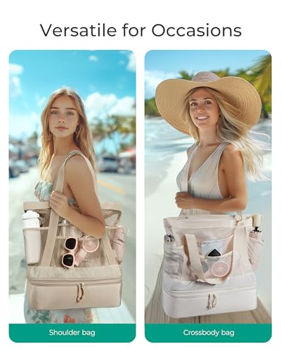 BAGSMART Beach Bag for Women, Mesh Tote Bags with Zipper, Sandproof Vacation Essentials with Cooler for Swim Cruise Pool - color: Dark Blue