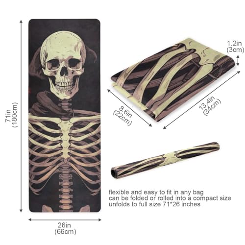 Funny Halloween Skeleton Yoga Mat, 71 x 26 Inch Non-slip Yoga Mats Folding Travel Exercise Mat Indoor Outdoor Gym Pilates with Storage Bag for Women Men