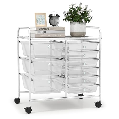 LDAILY 9 Drawer Rolling Storage Cart, Rolling Cart with Drawers for Classroom, Art Supply Craft Organizer on Wheel with Metal Frame & Handles for Home Office School - color: Clear, size: 9 Drawer