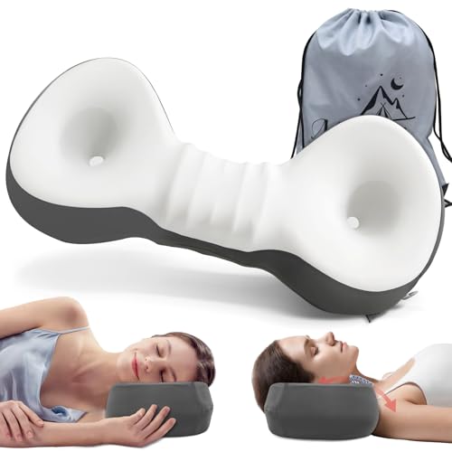 Cervical Neck Roll Pillow, Say Goodbye to Neck Pain, Travel Neck Support Pillow for Side Sleepers, Ergonomic Memory Foam Camping Pillow, Cervical Traction Device with Storage Bag - color: White & Grey