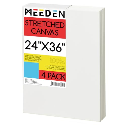 MEEDEN Stretched Canvas, 24 × 36 Inch, Pack of 4, Blank White Canvases for Painting, 100% Cotton, 15 oz Gesso-Primed, Pre-Stretched Canvas for Acrylic Oil Pouring & Airbrushing Painting - size: 24''x36''- 4 Pack